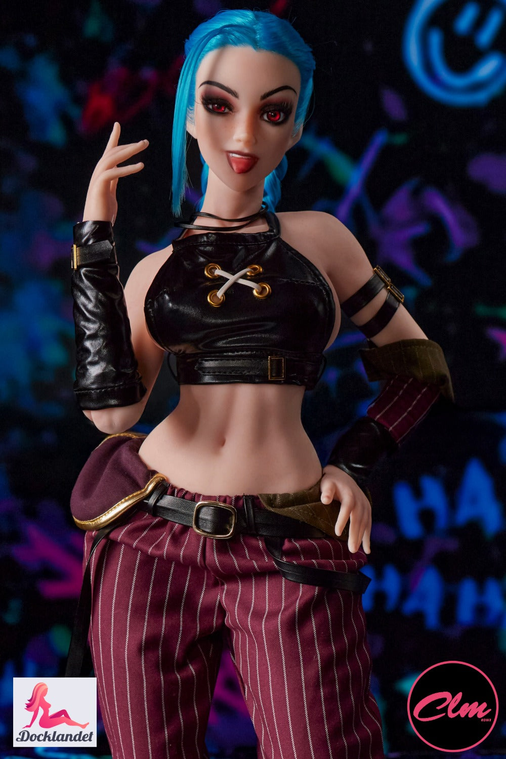 Climax Doll Mini poupée Jetta en silicone avec yeux rouges, look anime, cheveux bleus et style cosplay arrogant