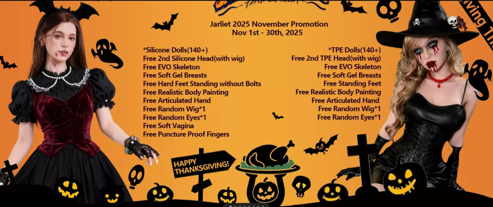 Jarliet promotion banner featuring lifelike silicone sex dolls in elegant poses, highlighting the brand’s realism, smooth skin texture and craftsmanship — promoting premium quality and seductive design for adult collectors.